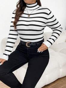SHEIN Frenchy Kích thước lớn Sọc Cổ cao Áo len - Đen và trắng - Xem 3