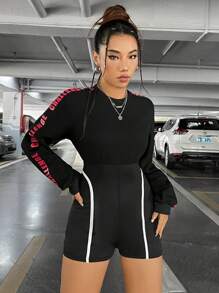 SHEIN PETITE Women's Letter Printed Contrast Binding Jumpsuit - Black - View 6