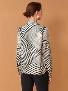 BizChic 女式黑白条纹系带蝴蝶结衬衫，长袖图案衬衫，优雅的办公室/休闲装