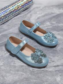 女童時尚水晶裝飾藍色公主鞋淺口大童口軟底女童平底鞋秋冬 - 藍色 - 查看 1