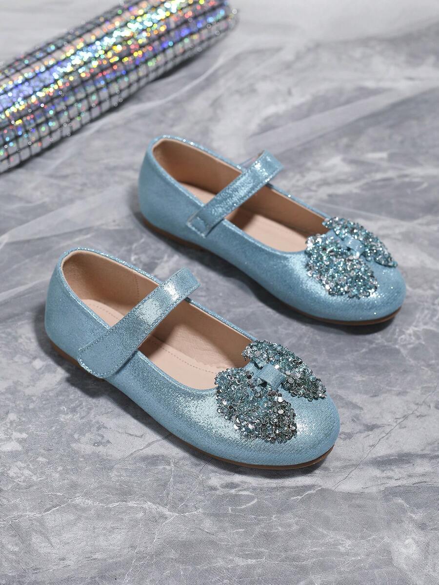 女童時尚水晶裝飾藍色公主鞋淺口大童口軟底女童平底鞋秋冬 - 藍色 - 查看 1