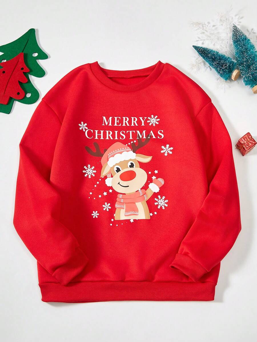 Christmas Reindeer Print Drop Shoulder Pullover - Red - View 1