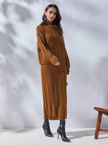 Modelyn 女士下垂肩毛衣和毛衣裙套裝 - 紅木色 - 查看 6