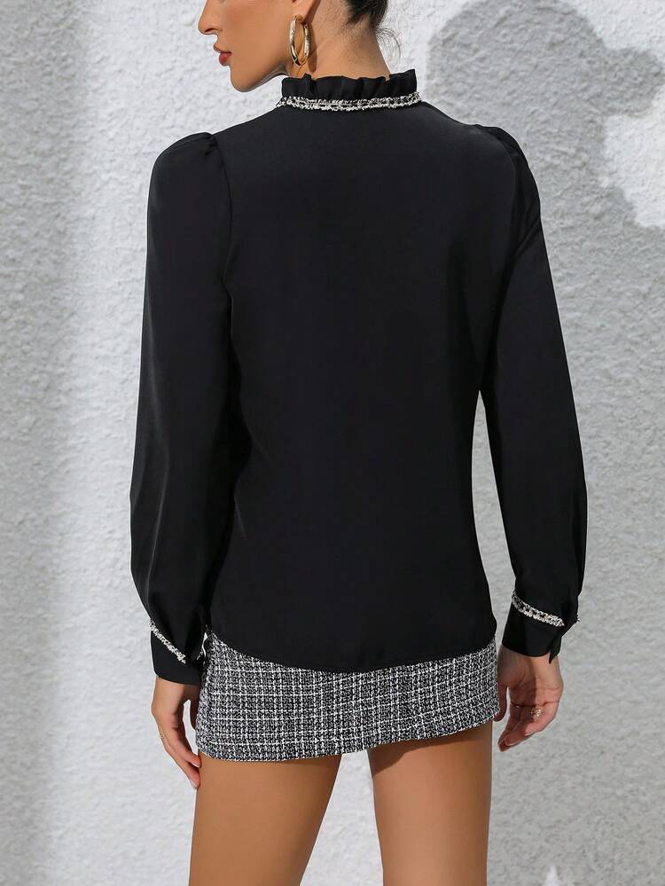 Tie Neck Puff Sleeve Blouse & Plaid Skirt Fall Cloth For Women