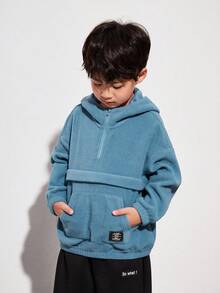 SHEIN Boys' Casual Comfortable Zipper Hooded Sweatshirt With English Woven Label, Autumn - Blue - View 2