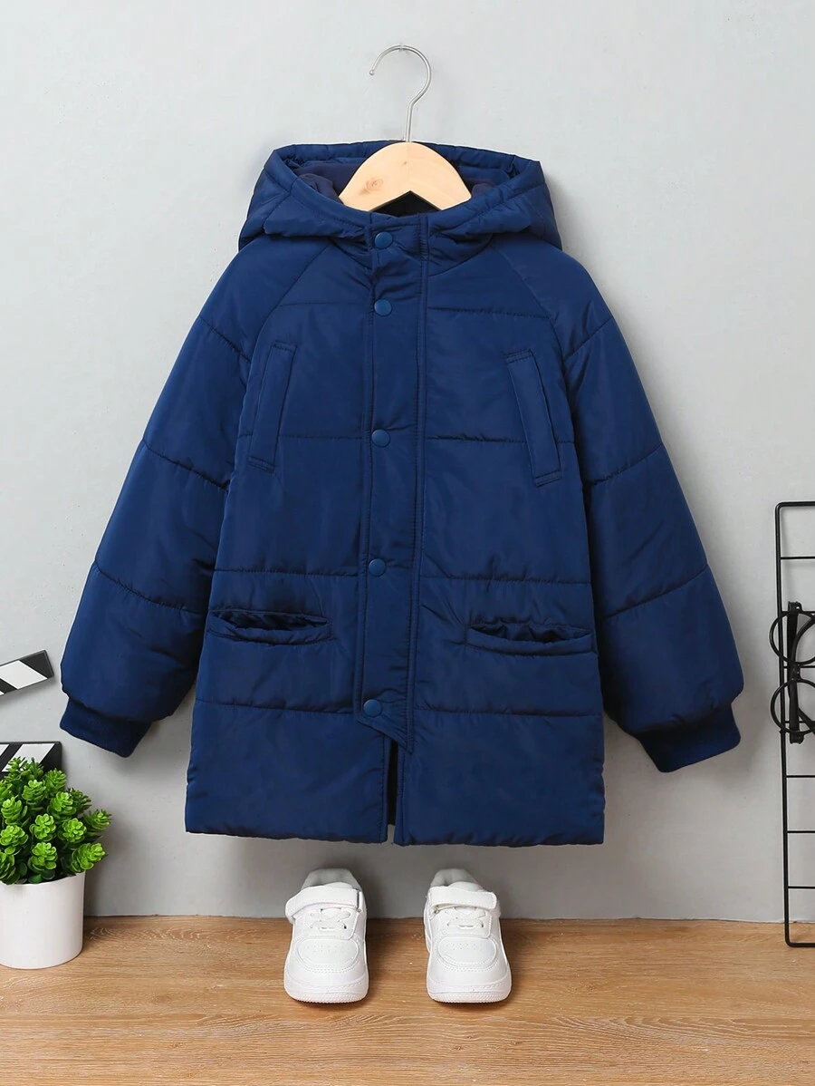 SHEIN Young Boy 1pc Raglan Sleeve Hooded Padded Coat - Navy Blue - View 1