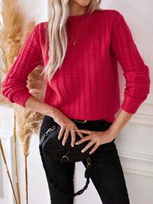 SHEIN Privé Solid Color Waffle Knit Sweater - Hot Pink - View 1