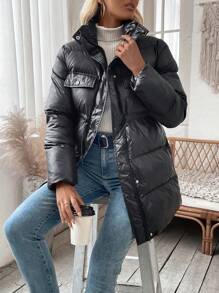 SHEIN LUNE Áo khoác đệm lưng có dây rút cho nữ mùa đông - màu đen - Xem 3