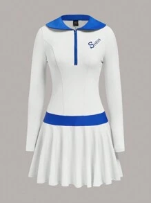 VARSITIE Letter Graphic Contrast Trim Active Dress - Light Grey - View 5