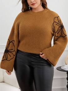 SHEIN Privé Plus Size Flower Pattern Drop Shoulder Pullover Sweater - Khaki - View 1