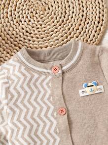 Baby Boy Chevron & Cartoon Pattern Striped Trim Cardigan - Khaki - View 3