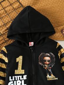 Baby Girls' Striped Character & Letter Printed Hooded Jacket - Black - View 3