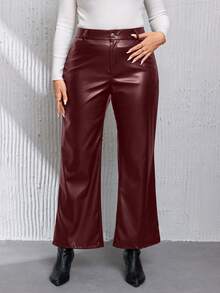 SHEIN Privé 大尺碼女士pu優雅長褲 - 酒紅色 - 查看 4