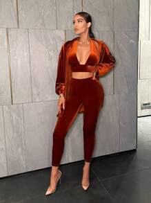 SHEIN SXY 3 Unids/set Top De Terciopelo Con Cuello En V Profundo Para Mujer Con Cuello Halter Y Pantalones Ajustados - Naranja - Ver 5