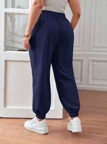 SHEIN Frenchy Plus Drawstring Waist Pants - Navy Blue - View 4
