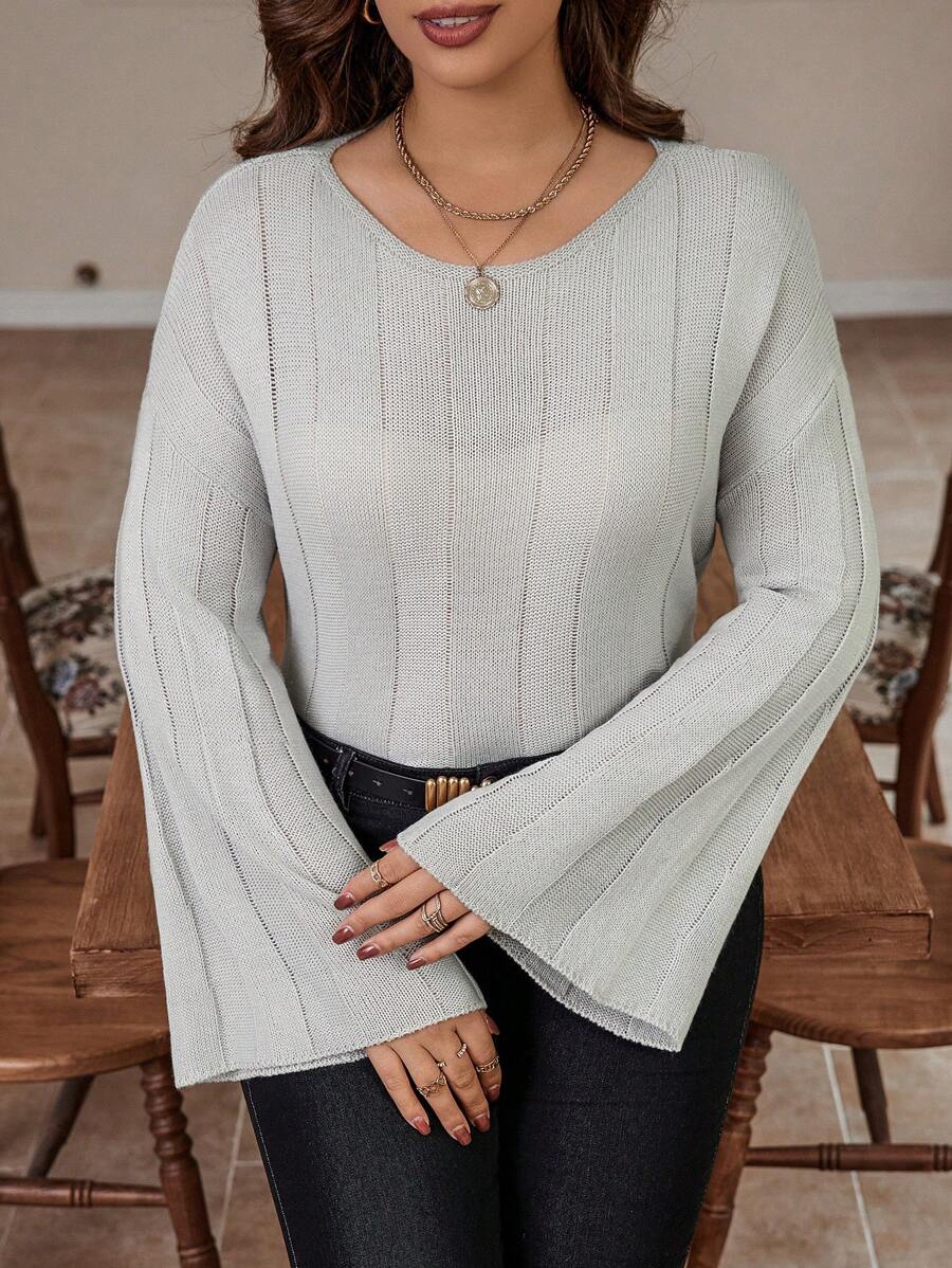 Calvaya Plus Drop Shoulder Sweater Knit Pullover Fall Winter Sweater - Grey - View 1
