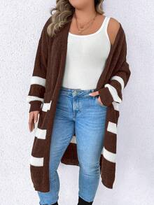 SHEIN LUNE Kích thước lớn Khối màu Áo len Mở - Cà phê nâu - Xem 3