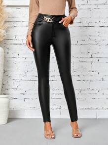 SHEIN LUNE 女性時尚鏈條裝飾純色修身長褲