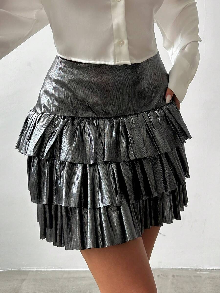 SHEIN Cottnline Solid Color Shiny Layered Skirt - Grey - View 1