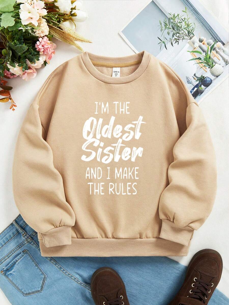 SHEIN Cô gái Giải trí Lá thư In Áo nỉ Với Tay áo dài , Thích hợp Đối với Mùa thu Và Mùa Đông - Màu Khaki - Xem 1