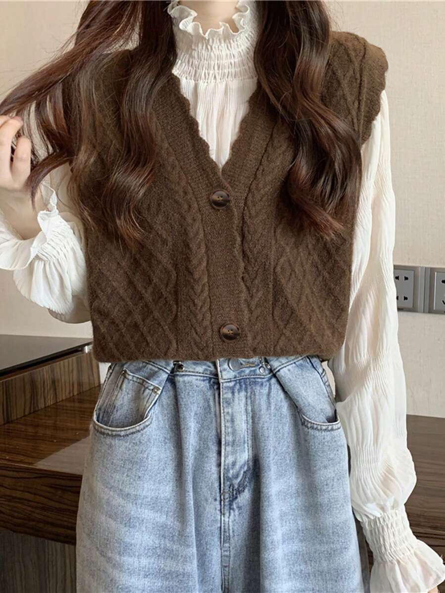 貝殼邊前紐扣麻花編織背心