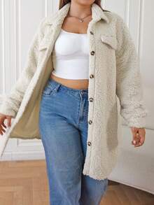 SHEIN EZwear Áo khoác Teddy Button phía trước cỡ lớn có vai trễ - Màu Khaki - Xem 4