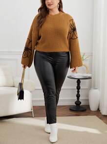 SHEIN Privé Plus Size Flower Pattern Drop Shoulder Pullover Sweater - Khaki - View 4