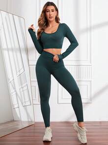 Yoga Basic 女式短上衣和緊身褲運動套裝 - 墨綠色 - 查看 2