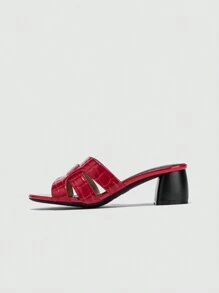Women's Fashion Red Block Heel Round Toe Mule Slides, Versatile Summer New Arrival - Red - View 3