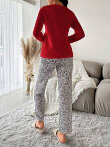 SHEIN Cottnline 女士心形豹纹睡衣套装（含上衣和裤子） - 紅色 - 查看 2