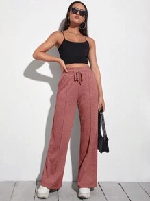 SHEIN EZwear 腰部抽繩闊腿褲 - 藕粉色 - 查看 4