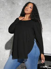 SHEIN CURVE+ Hơn Chất rắn Viền chia cắt Áo thun - màu đen - Xem 6
