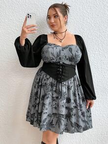 Flirla Plus Floral Print Lace Up Front Lantern Sleeve Dress - Multicolor - View 5