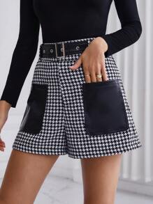 SHEIN Privé 女性千鳥格印花接片PU皮革口袋附腰帶短褲 - 黑與白 - 查看 5