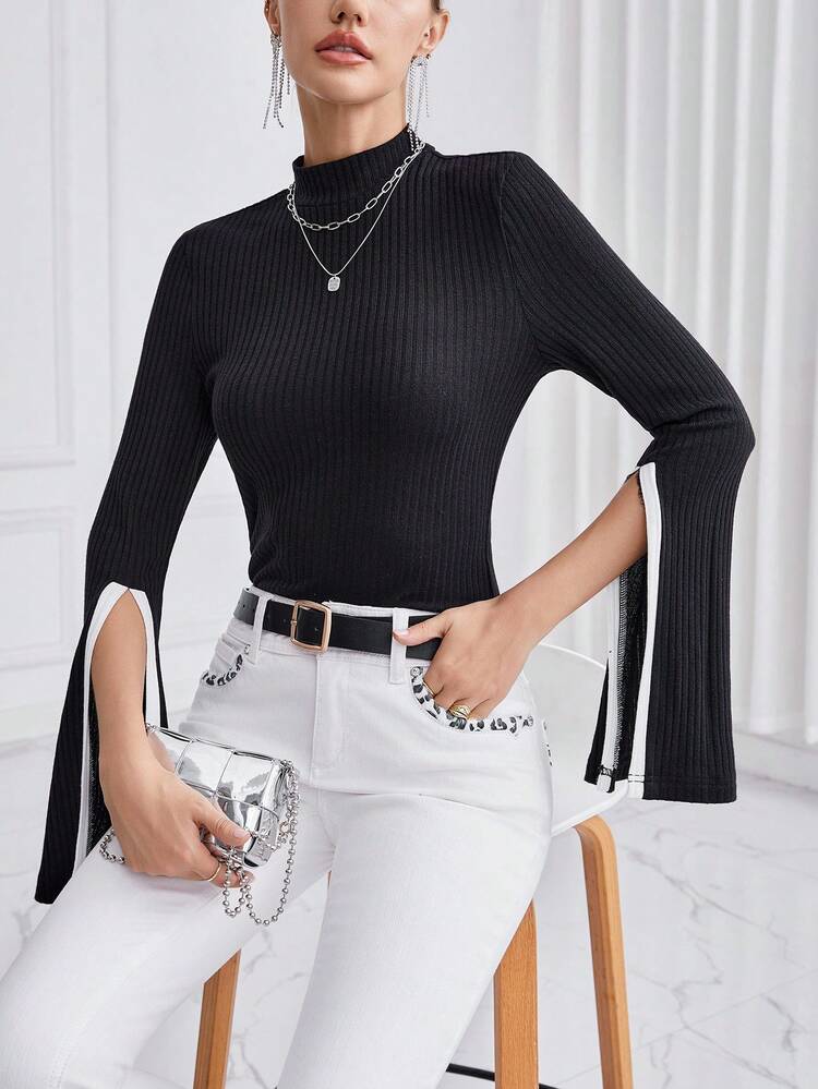 Contrast Trim Stand Collar Split Bell Sleeve T-shirt
