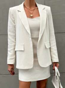 EURMUSE Turn-down Collar Suit Jacket And Dress Two Piece Set - White - View 5