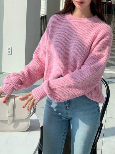 DAZY Suéter de cuello redondo, hombros caídos y manga larga, unicolor, para otoño