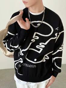 Claim Dot Men Dinosaur Pattern Drop Shoulder Sweater - Black and White - View 6