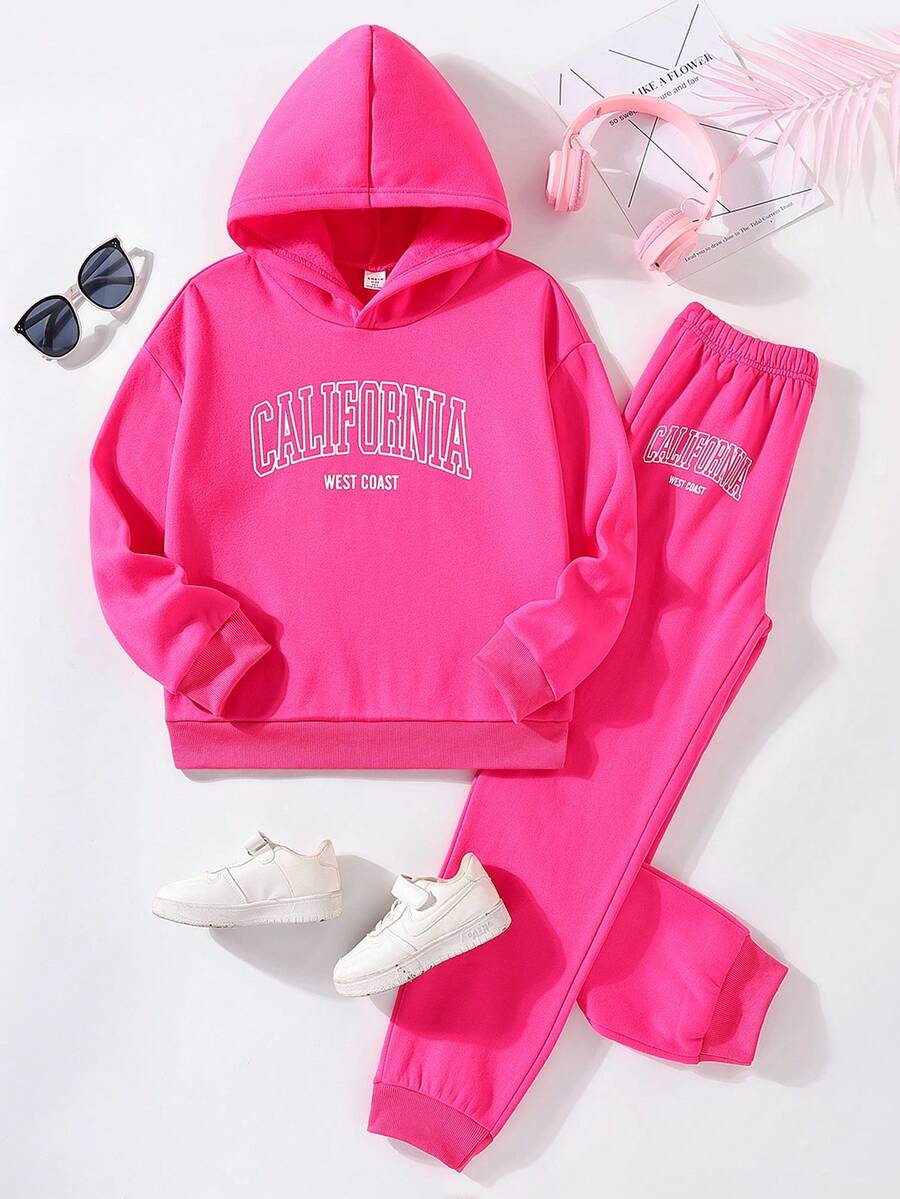 SHEIN 2 cái/bộ Bé gái tuổi teen Lá thư In Hoodie Và Quần thể thao - Màu Hồng Tươi - Xem 1