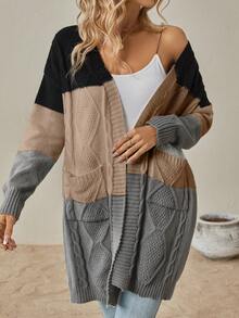 SHEIN Clasi 毛線編織拼接針織開衫 - 棕色 - 查看 6