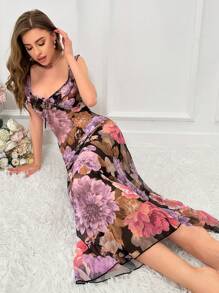 Slumberist Vestido largo de pijama con estampado floral, volantes y malla, perfecto para el verano - Negro - Ver 5