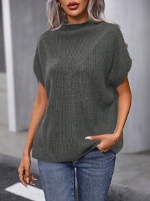 SHEIN Clasi Solid Color Stand Collar Batwing Sleeve Sweater Vest - Grey - View 6