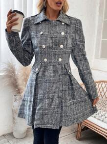 SHEIN LUNE 女士格紋v領羊毛大衣