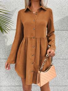 SHEIN VCAY Tay áo cuộn lên Váy sơ mi - Màu vàng - Xem 5