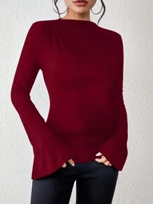 Chiquease Camiseta de mujer con mangas de campana y volantes en el bajo - Burdeos - Ver 6