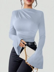 Chiquease Solid Color Flare Sleeve T-Shirt Fall Cloth For Women - Baby Blue - View 5