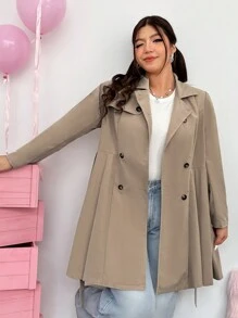 SHEIN MOD Plus Double Breasted Pleated Hem Belted Coat - Khaki - View 6