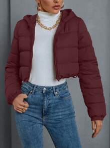 SHEIN EZwear Áo khoác đệm dày tay dài có khóa kéo phía trước màu trơn cho nữ, quần áo mùa đông - Màu Đỏ Sâu - Xem 5