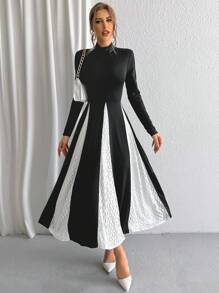 SHEIN Privé 女士拼接蕾絲大擺搖擺裙 - 黑色 - 查看 3