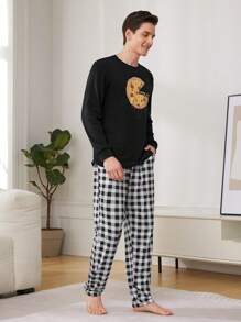 男士比薩印花t恤和格紋長褲家居服套裝 - 彩色 - 查看 3
